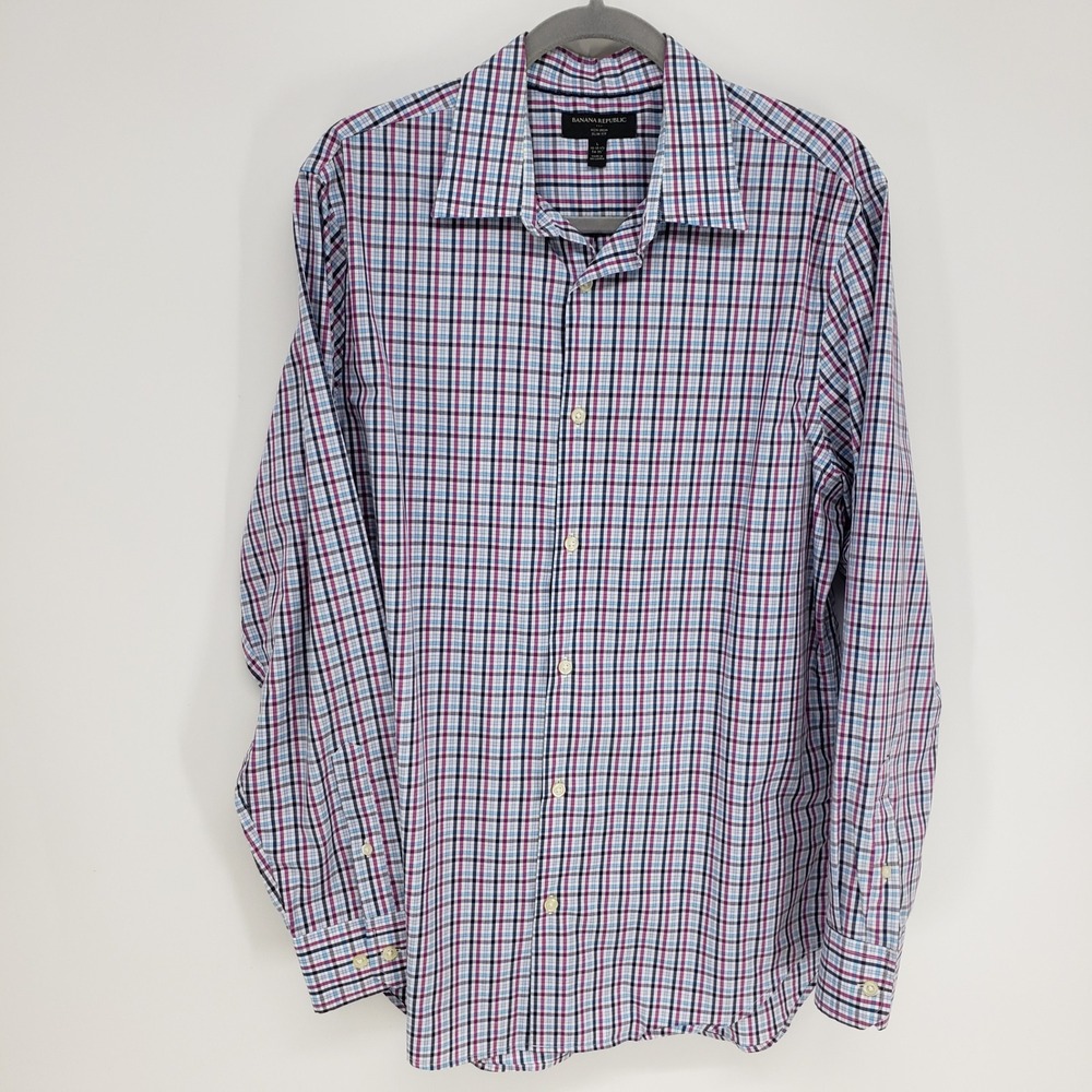 Banana Republic Plaid Button Down Shirt Mens Large Blue Purple Non-Iron Slim Fit